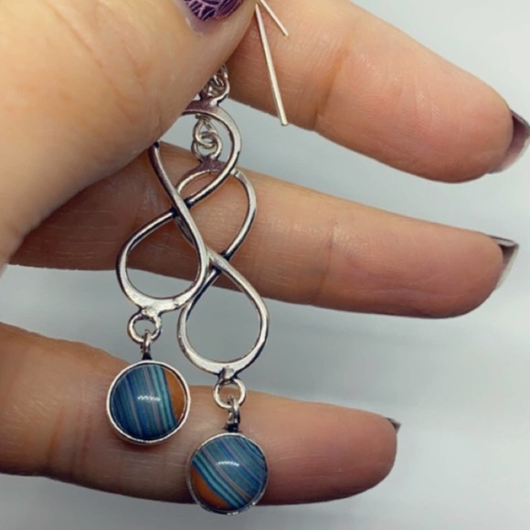 Sterling Silver Mosaic Jasper Dangle Earrings 2.5” Handmade Artisan - Picture 1 of 7